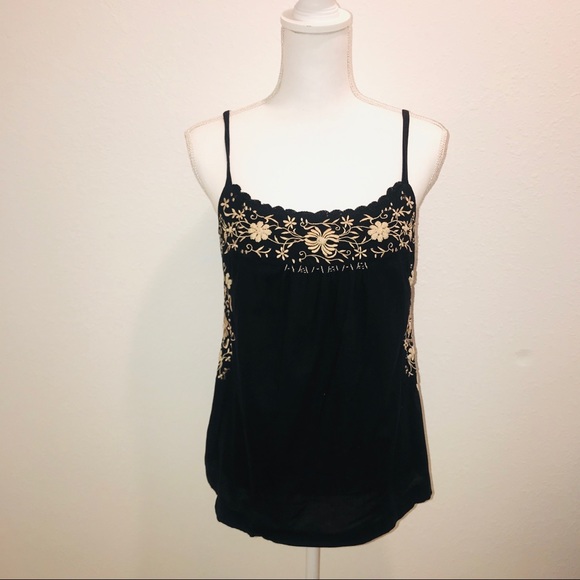 Lucky Brand Tops - Lucky Brand Black Tank w/Tan Embroidered Floral M